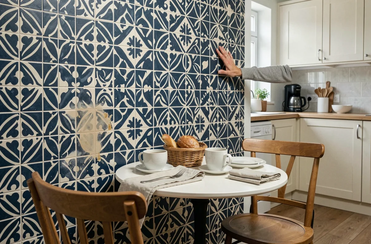 Coin repas de cuisine avec tapisserie lavable motif carreaux bleu marine inspectée pour sa résistance aux taches et éclaboussures