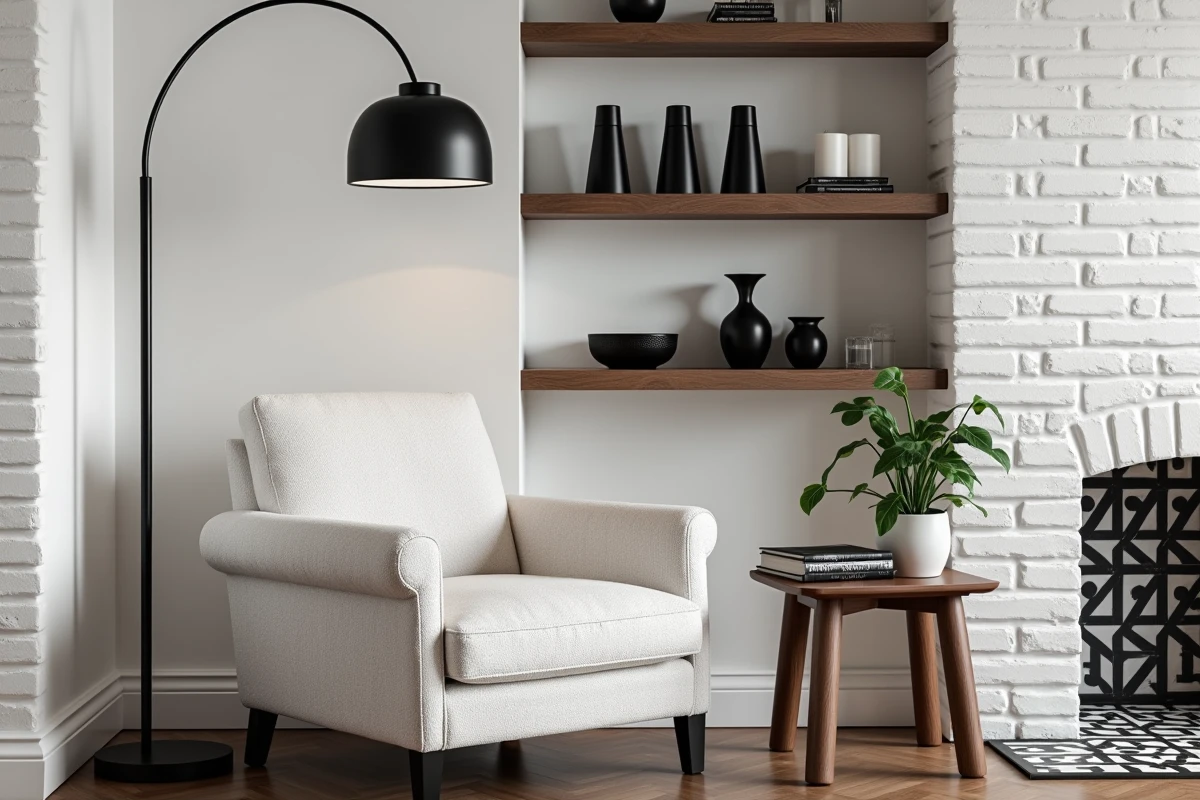 Coin salon cosy en noir et blanc avec fauteuil bouclé blanc, lampe noire et étagères en bois