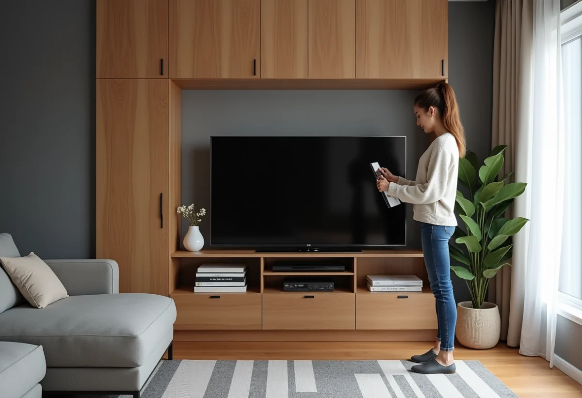 Femme arrangeant des livres dans un salon moderne cosy