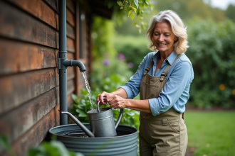 Femme recueillant de l'eau de pluie dans un jardin
