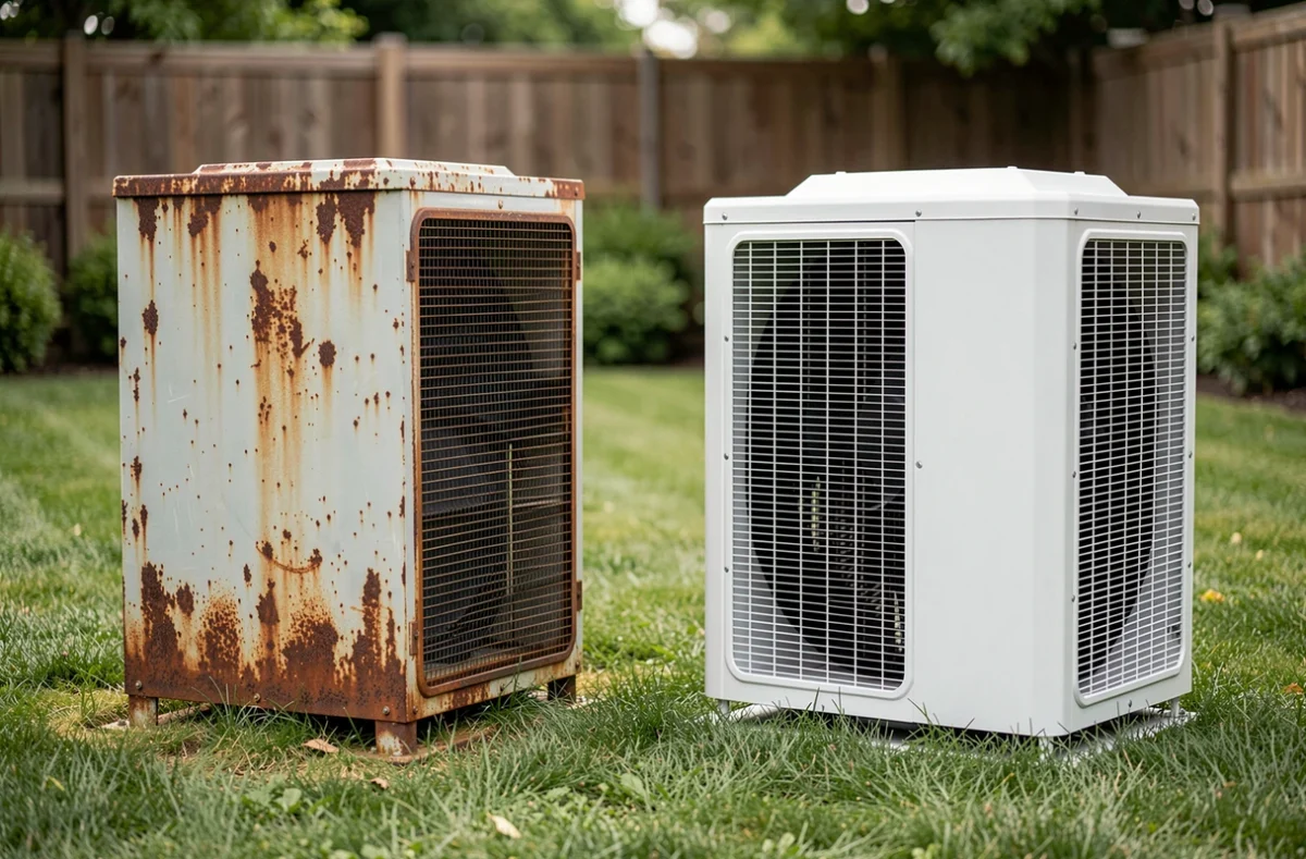 Comparaison entre un ancien et un nouvel échangeur de pompe à chaleur installés côte à côte dans un jardin résidentiel