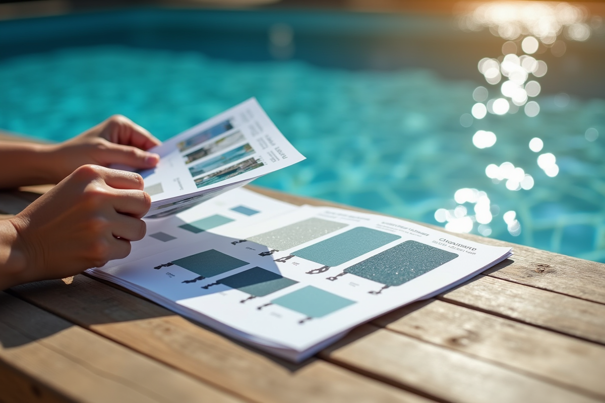 Mains comparant des carreaux de piscine et brochures d équipements