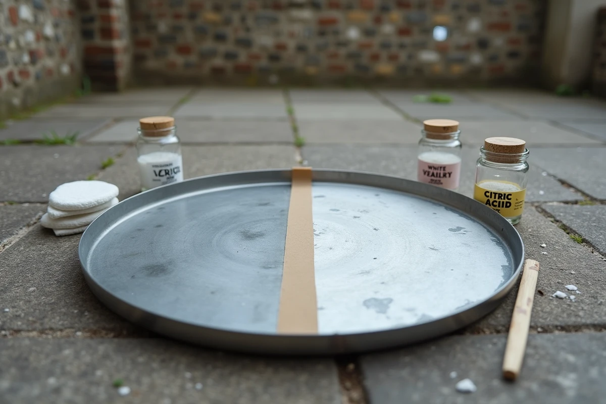 Comparaison côte à côte d'une patine zinc au vinaigre et à l'acide citrique sur une plaque métallique