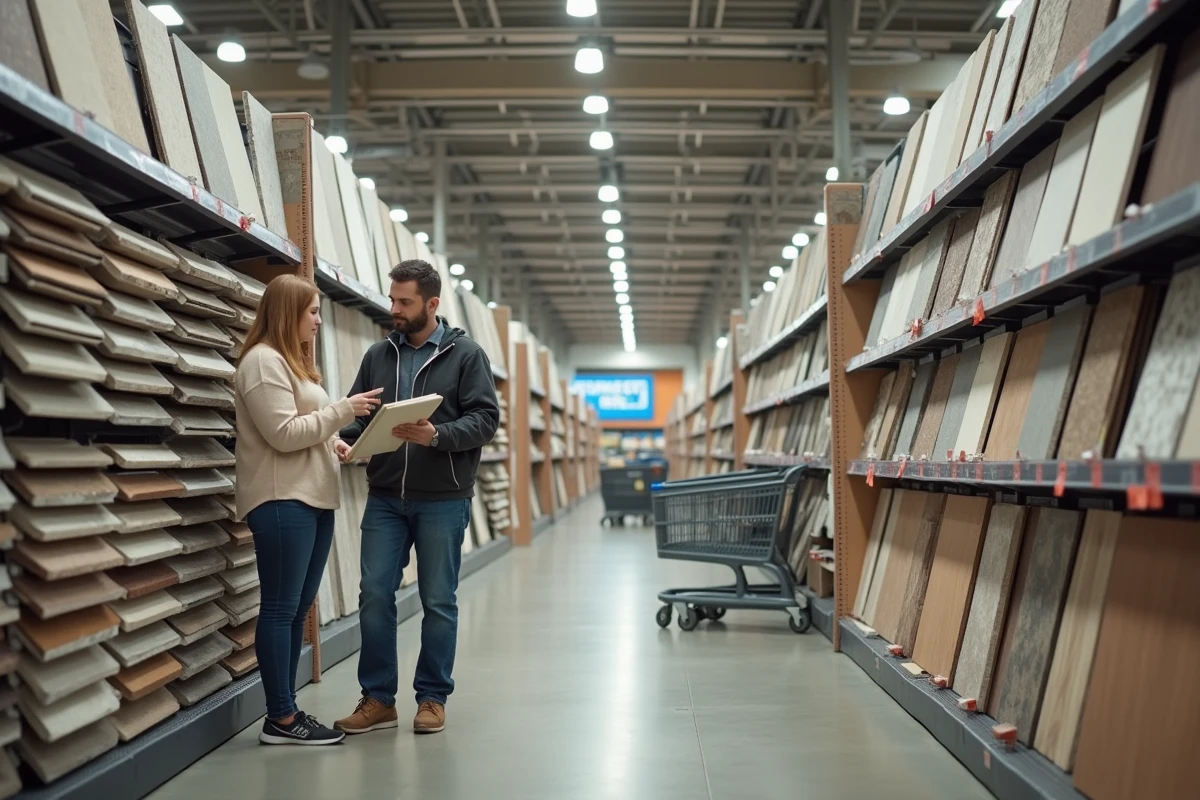 Couple comparant des carreaux et les prix en grande surface de bricolage dans le rayon carrelage