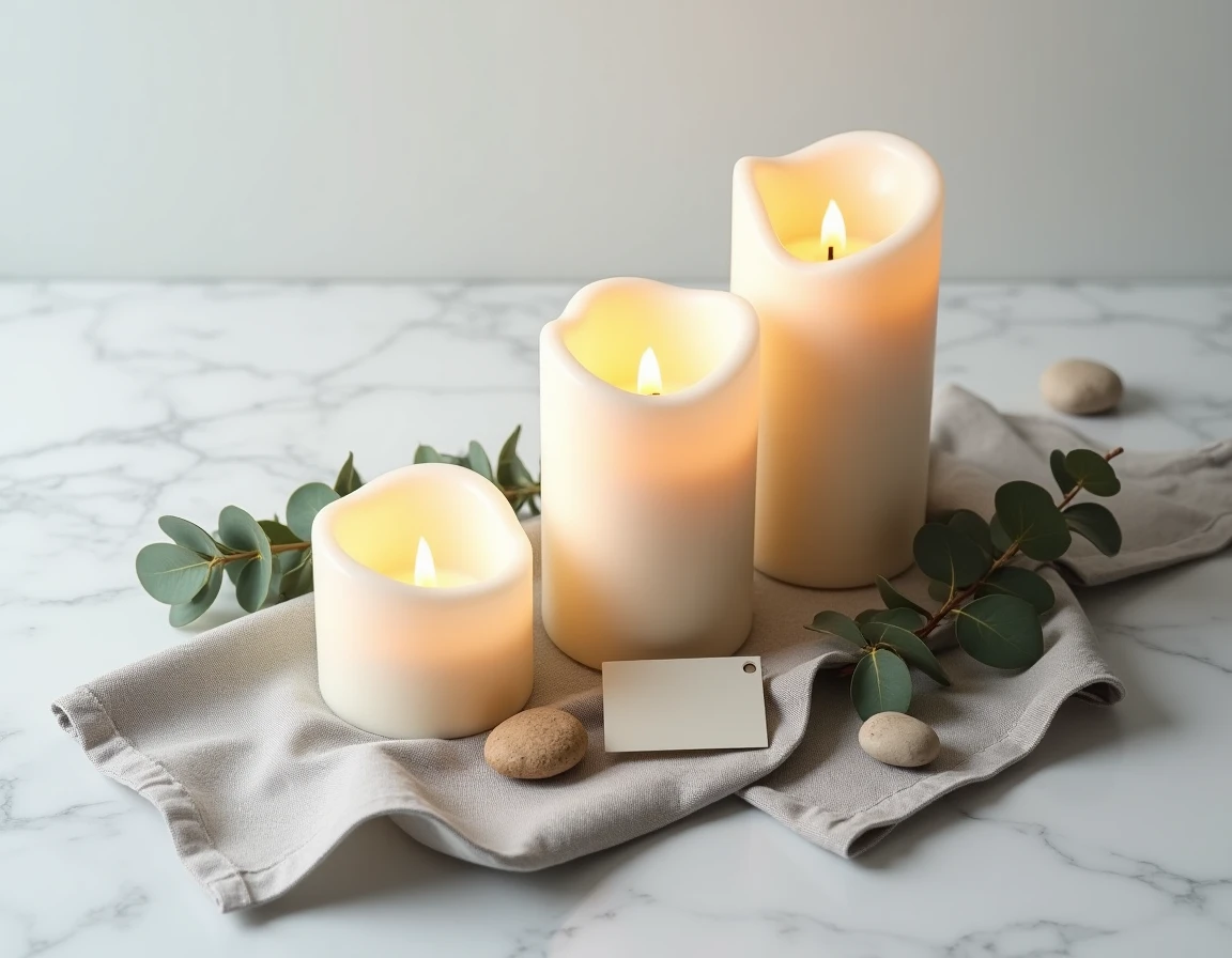 Comparatif de bougies à fausse flamme LED de différentes tailles sur fond marbre, guide d'achat qualité prix