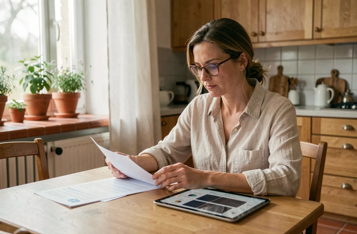 Femme étudiant les documents et comparatifs du kit solaire Allo Solar dans une cuisine française moderne