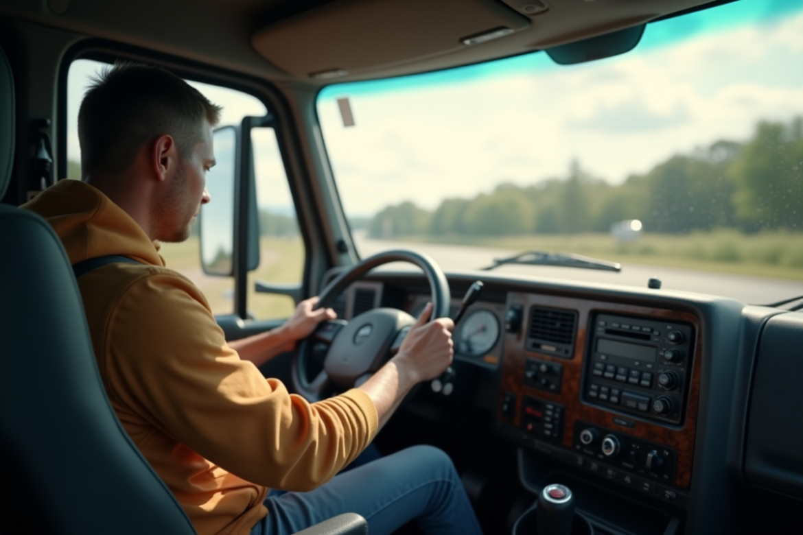 Conducteur de camion de déménagement dans la cabine ensoleillée