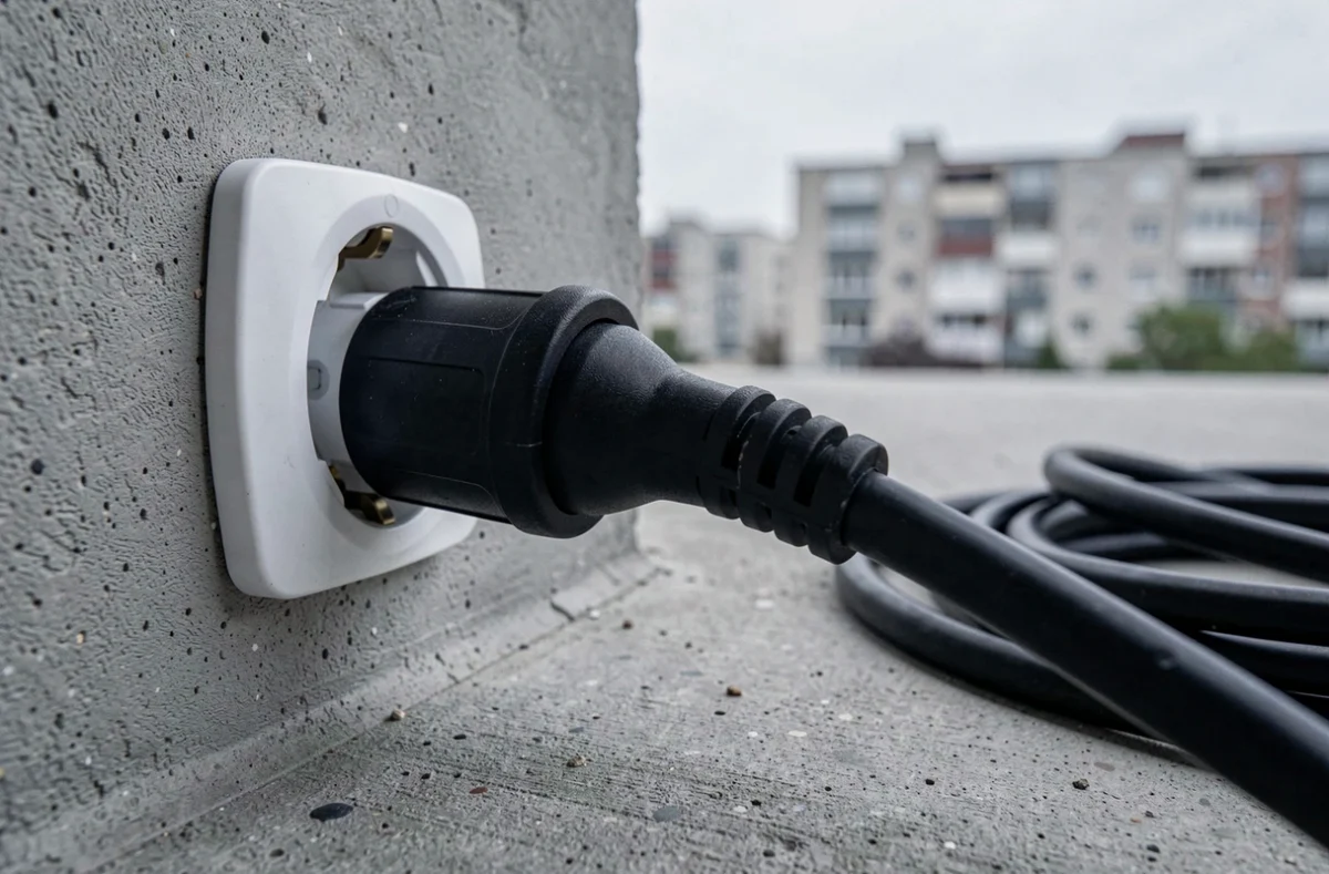 Gros plan sur la prise de connexion d'un panneau solaire plug and play branché sur une prise électrique extérieure de balcon