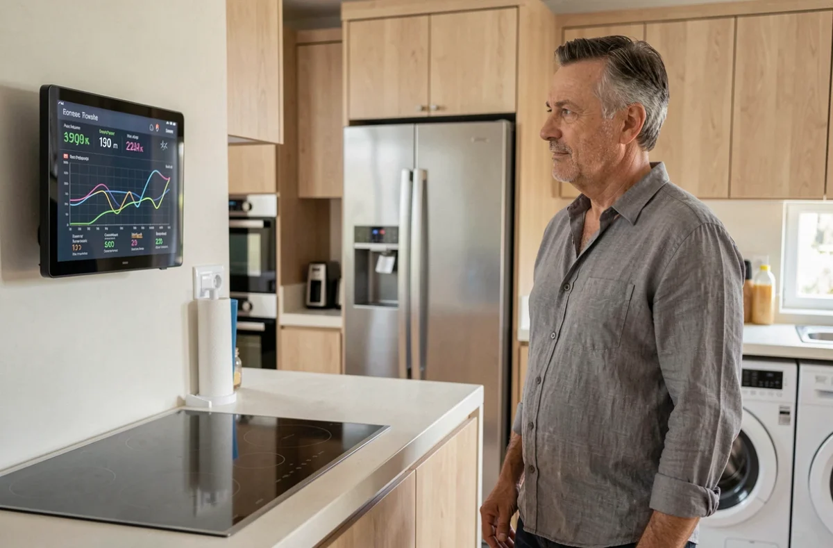 Homme consultant un moniteur de consommation d'énergie solaire dans une cuisine moderne équipée d'électroménager
