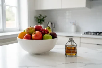 Corbeille de fruits mûrs et piège au vinaigre sur un plan de cuisine