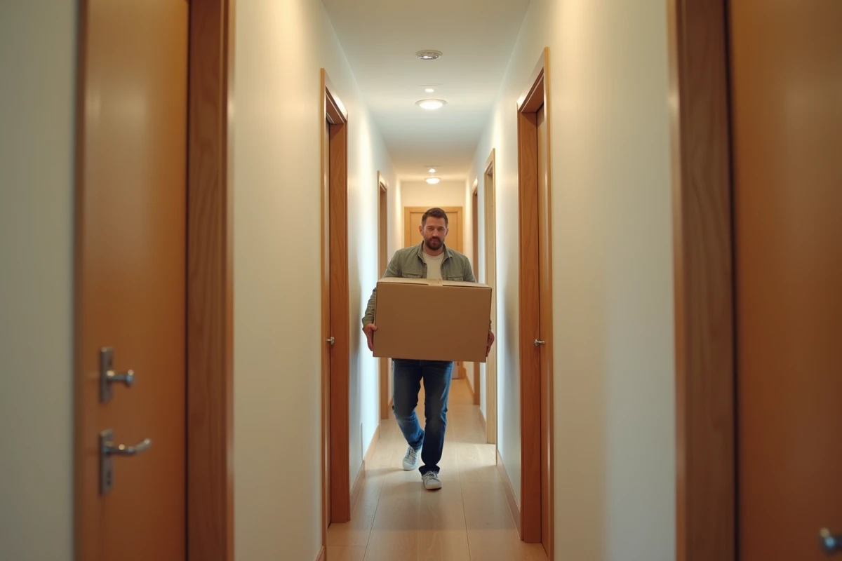 Couloir étroit de desserte des chambres dans un plain-pied rendant le passage difficile