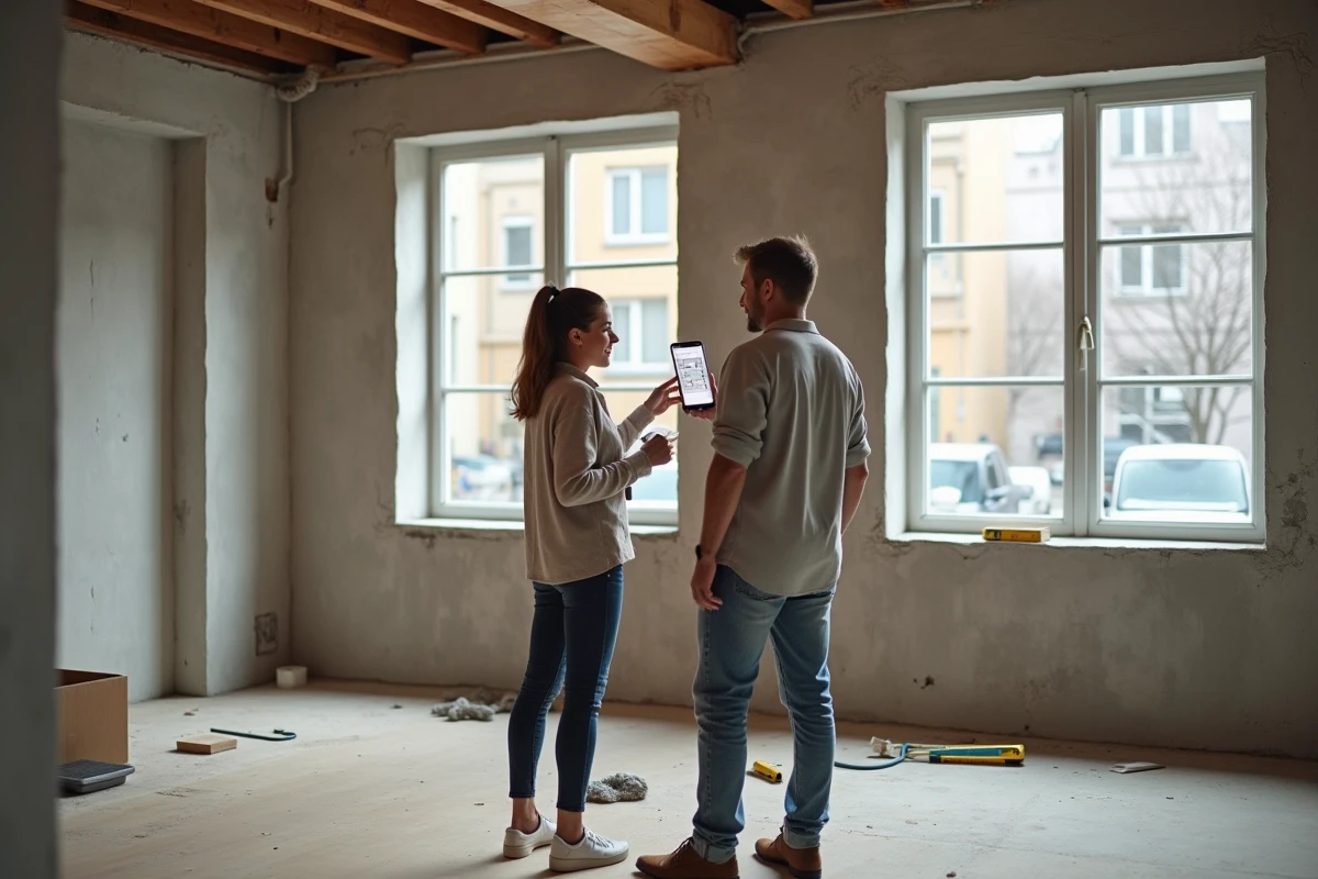 Couple consultant une application de décoration sur smartphone dans un appartement en cours de rénovation avec sol en bois brut et murs en béton