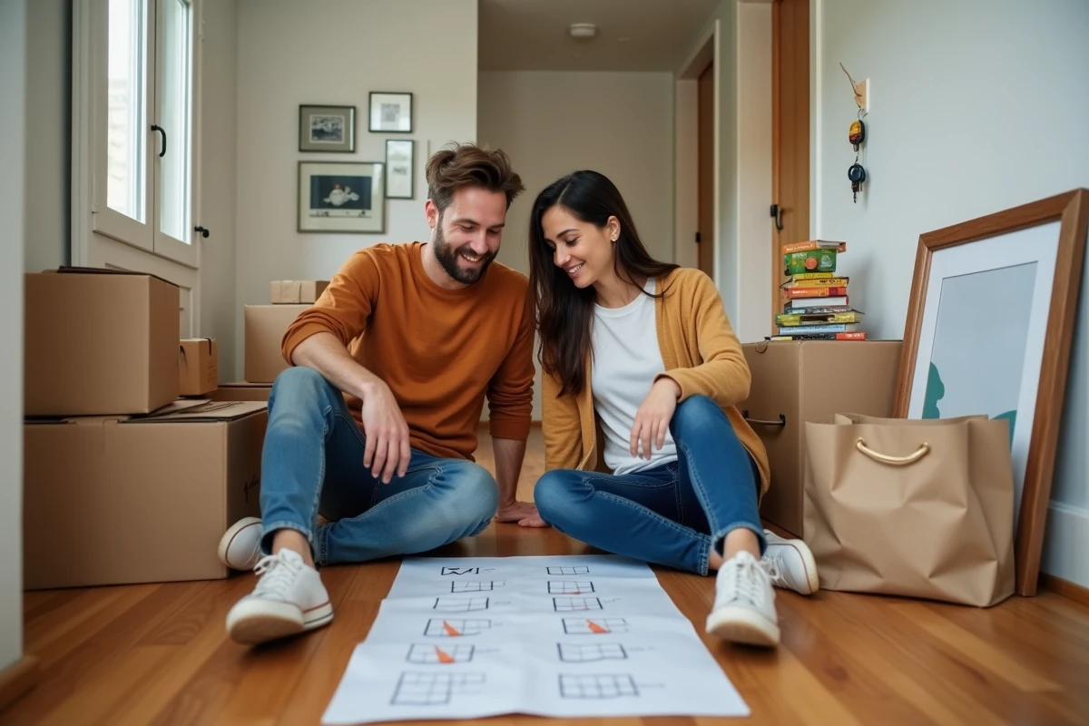 Couple assis sur le sol de leur nouveau logement consultant ensemble une checklist de déménagement