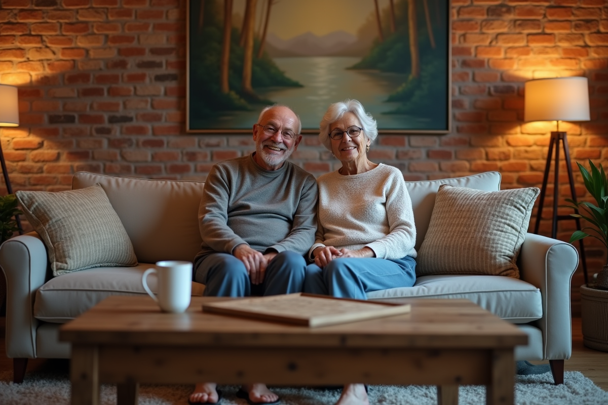 Couple âgé détendu sur un canapé dans un basement accueillant
