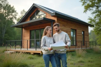 Jeune couple étudie plans devant maison écologique