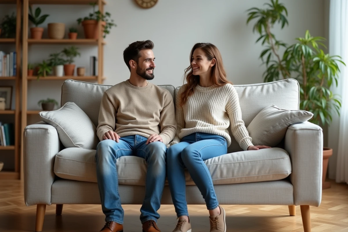 Jeune couple assis sur un canapé moderne dans un salon cosy