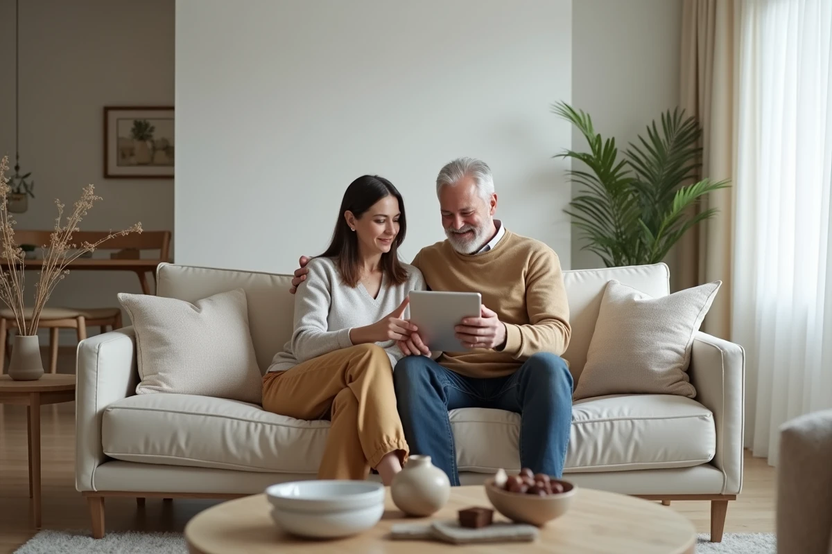 Couple assis sur un canapé dans un salon minimaliste