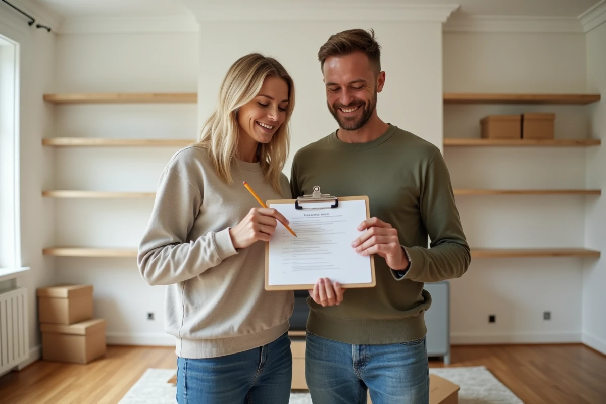 Couple consultant une liste de travaux de rénovation dans un salon rénové prêt pour une revente immobilière en 2026