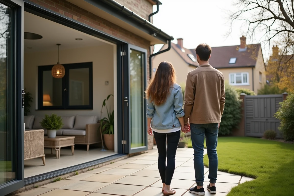 Jeune couple admirant veranda dans leur jardin