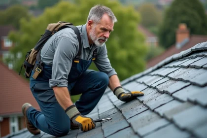 Hommes couvreur inspectant un toit en ardoise grise