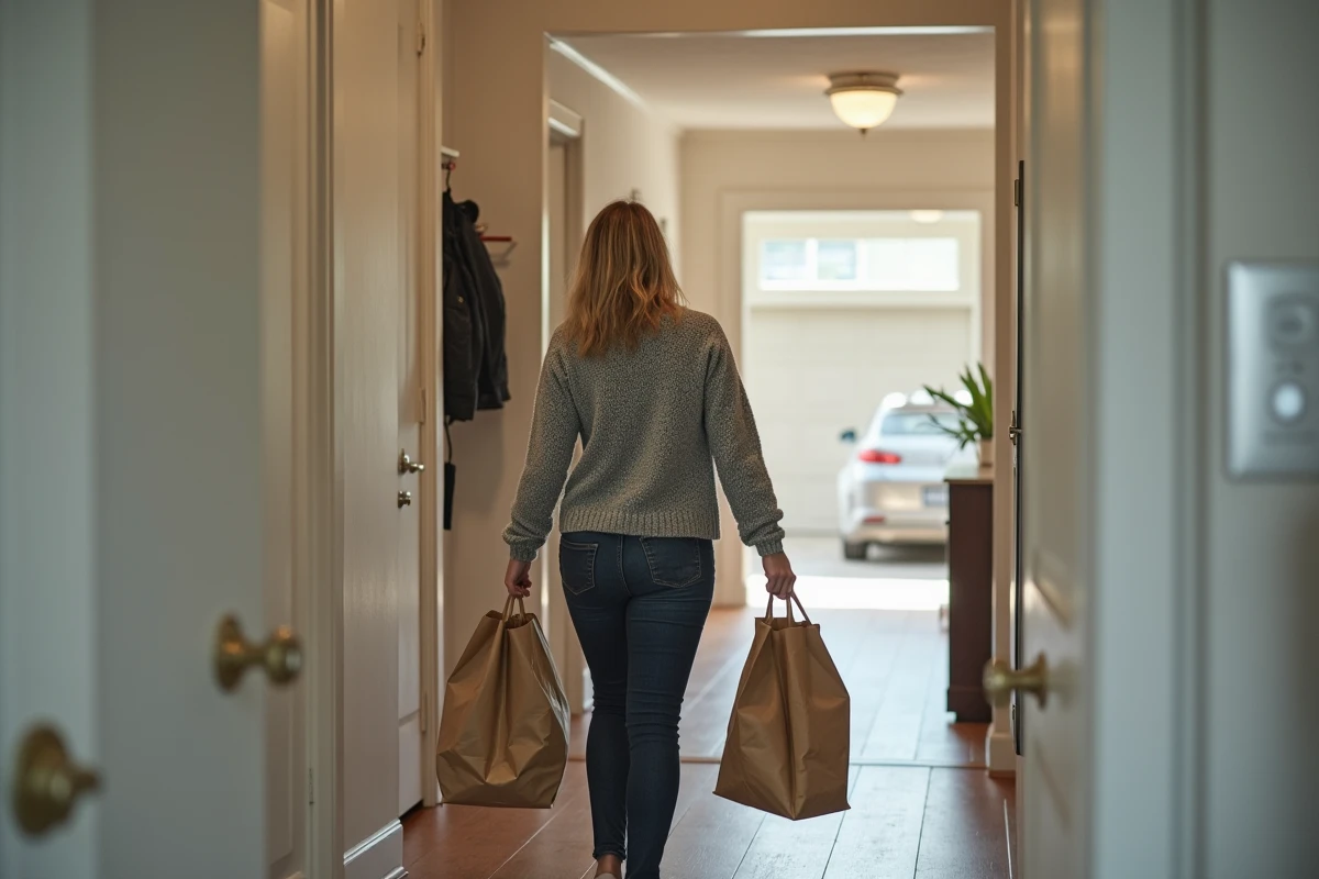 Femme portant des courses depuis le garage vers une cuisine éloignée dans un plan de plain-pied