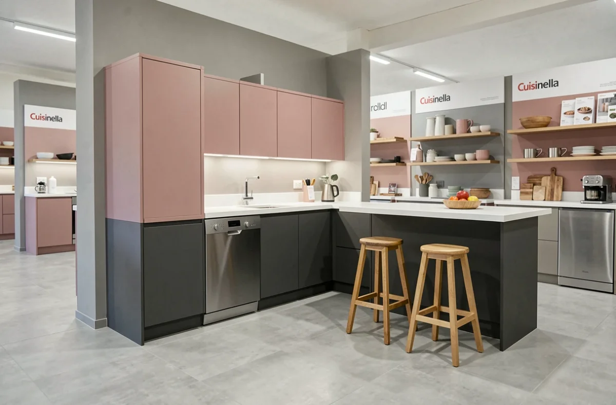 Cuisine bicolore rose et anthracite exposée dans le showroom Cuisinella de Mâcon