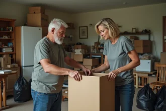 Couple triant des meubles et des cartons lors d'un débarras maison gratuit dans un salon encombré