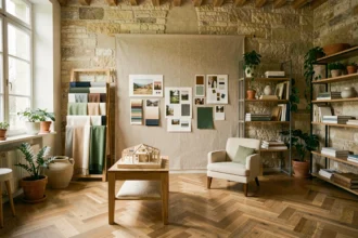 Showroom d'un décorateur d'intérieur en Maine-et-Loire avec planches d'ambiance, échantillons de tissus et mobilier élégant