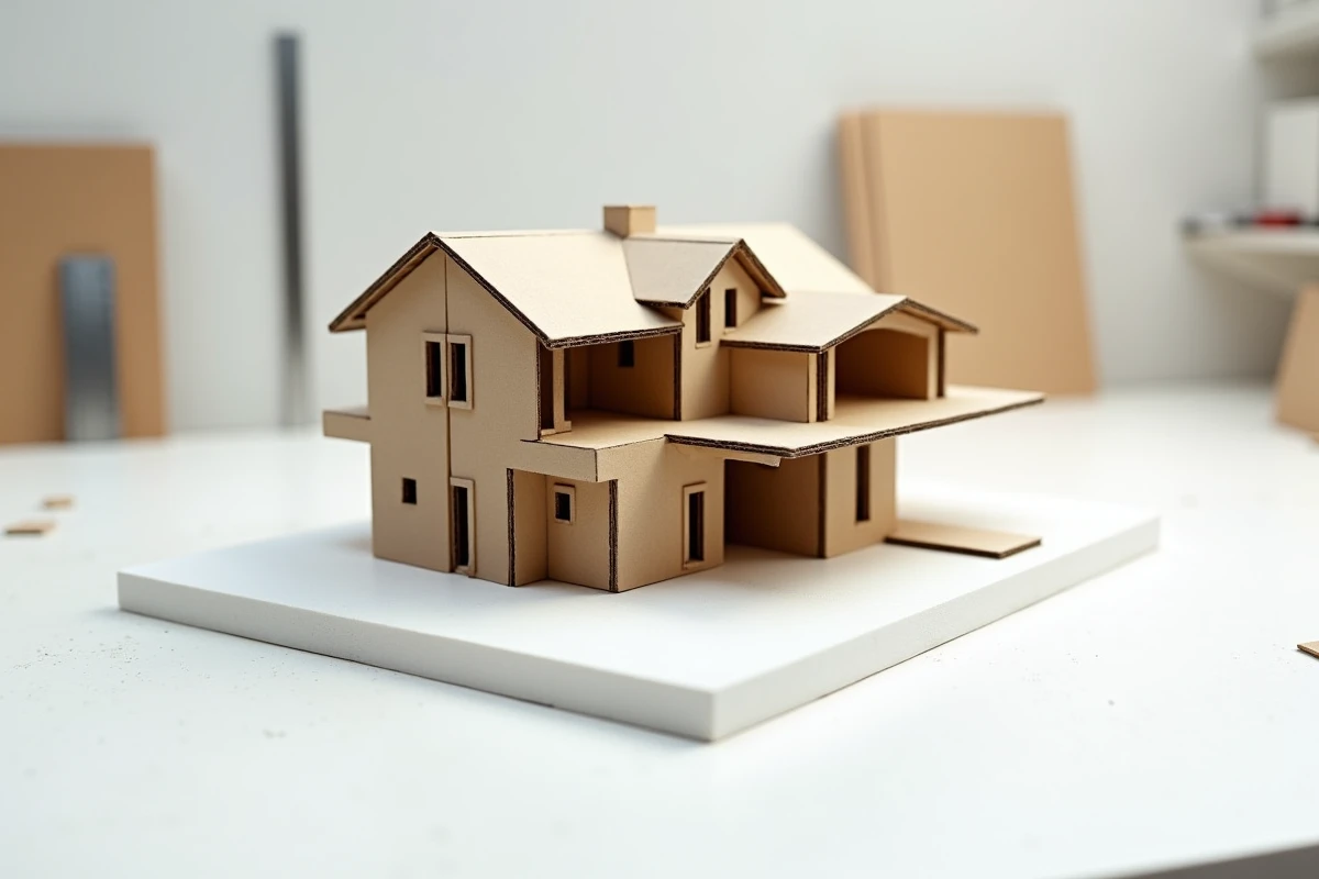 Maquette architecturale d'un plain-pied avec de nombreux décrochements de façade complexes