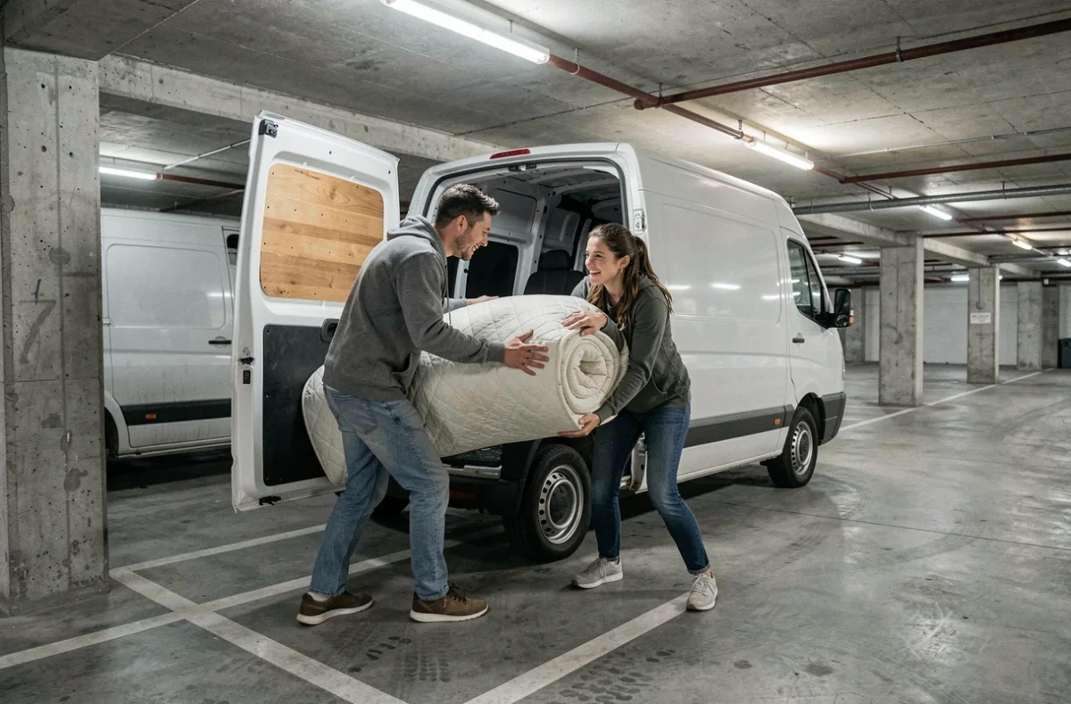 Deux personnes faisant glisser un matelas dans un van de location dans un parking souterrain lors d'un déménagement express