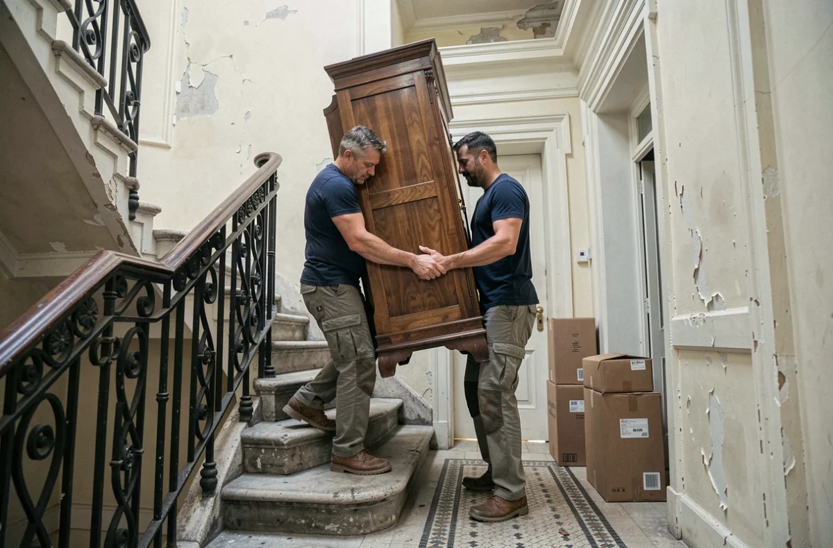 Deux déménageurs portant une armoire ancienne dans l'escalier d'un immeuble lors d'un débarras de maison
