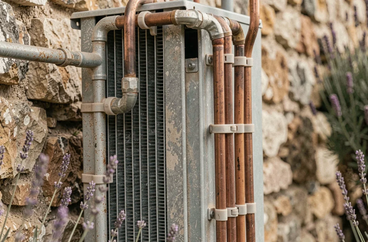 Détail des ailettes et des tuyauteries en cuivre d'une pompe à chaleur extérieure installée en milieu rural