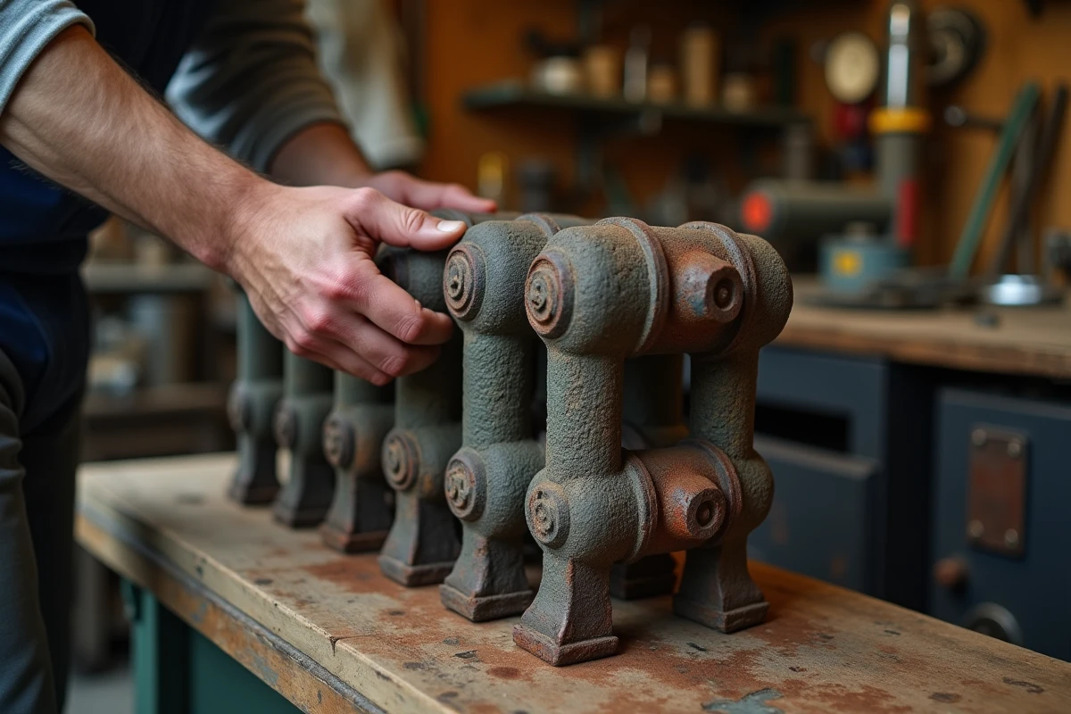 Gros plan sur les détails en fonte d'un radiateur ancien évalué pour un achat d'occasion