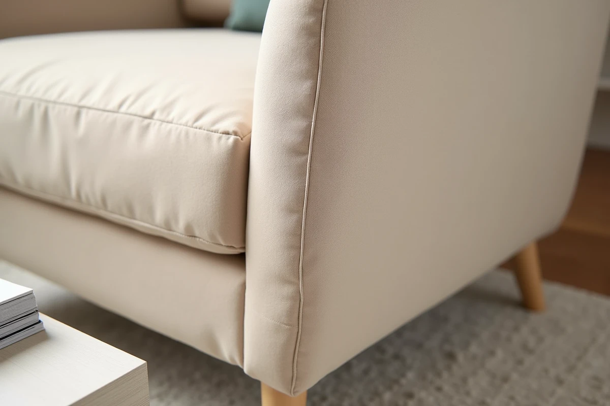 Détail de l'élastique et des coutures d'une housse extensible beige sur un fauteuil moderne