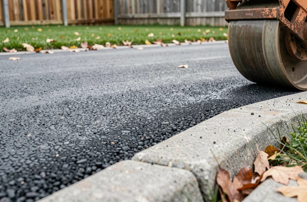 Gros plan sur la surface d'une allée nouvellement enrobée avec finition bord en bordure béton et rouleau compacteur visible