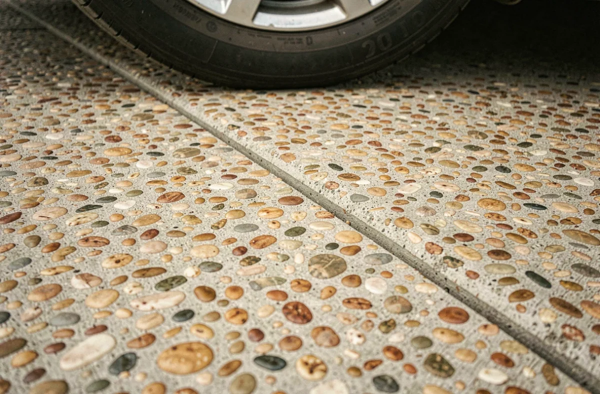 Détail de surface en béton désactivé carrossable avec galets apparents et joint de dilatation