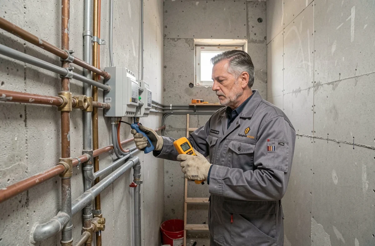Spécialiste salle de bain et électricité travaillant simultanément sur la plomberie et le câblage dans le Nord