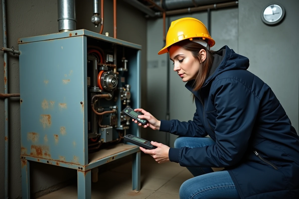 Ingénieure réalisant un diagnostic technique sur la chaufferie d'une copropriété dans le cadre d'un audit énergétique