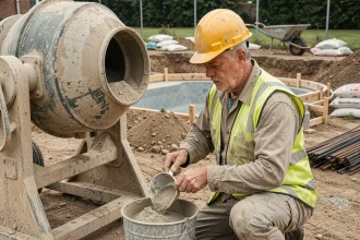Ouvrier mesurant le dosage du ciment pour couler le béton d'une piscine en construction dans un chantier résidentiel