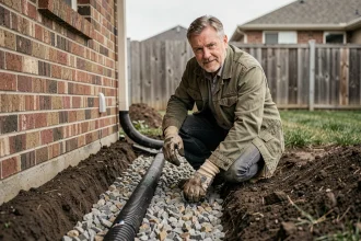 Propriétaire installant un drain français le long de la fondation de sa maison près de la clôture mitoyenne