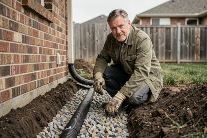 Propriétaire installant un drain français le long de la fondation de sa maison près de la clôture mitoyenne