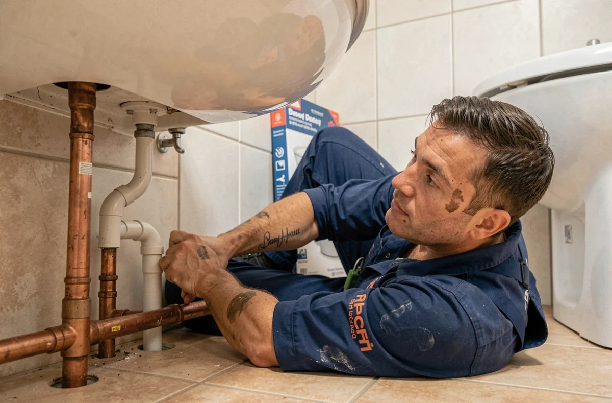Plombier installant les évacuations sanitaires sous une baignoire dans une salle de bain du Nord
