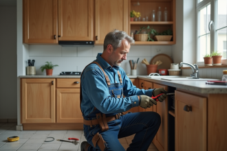 Électricien en train d'installer des fils dans une cuisine en rénovation