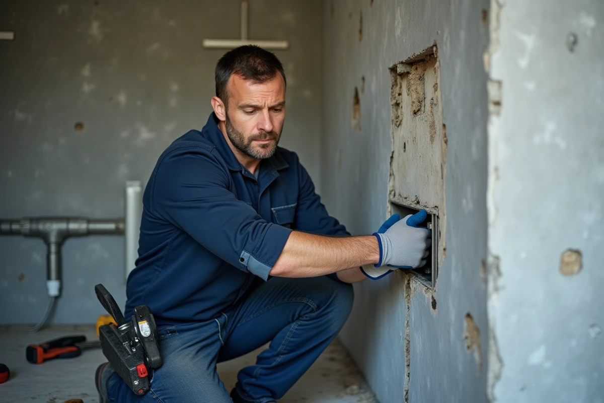 Électricien professionnel installant une prise encastrée dans un mur en béton lors d'une rénovation de cuisine, respectant les normes électriques NF C 15-100 en vigueur en France.
