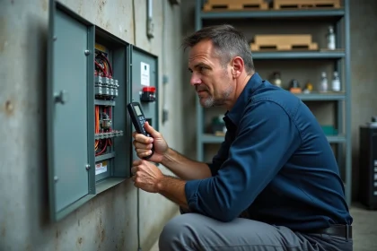 Électricien installant un sous-compteur dans un tableau électrique d'atelier professionnel