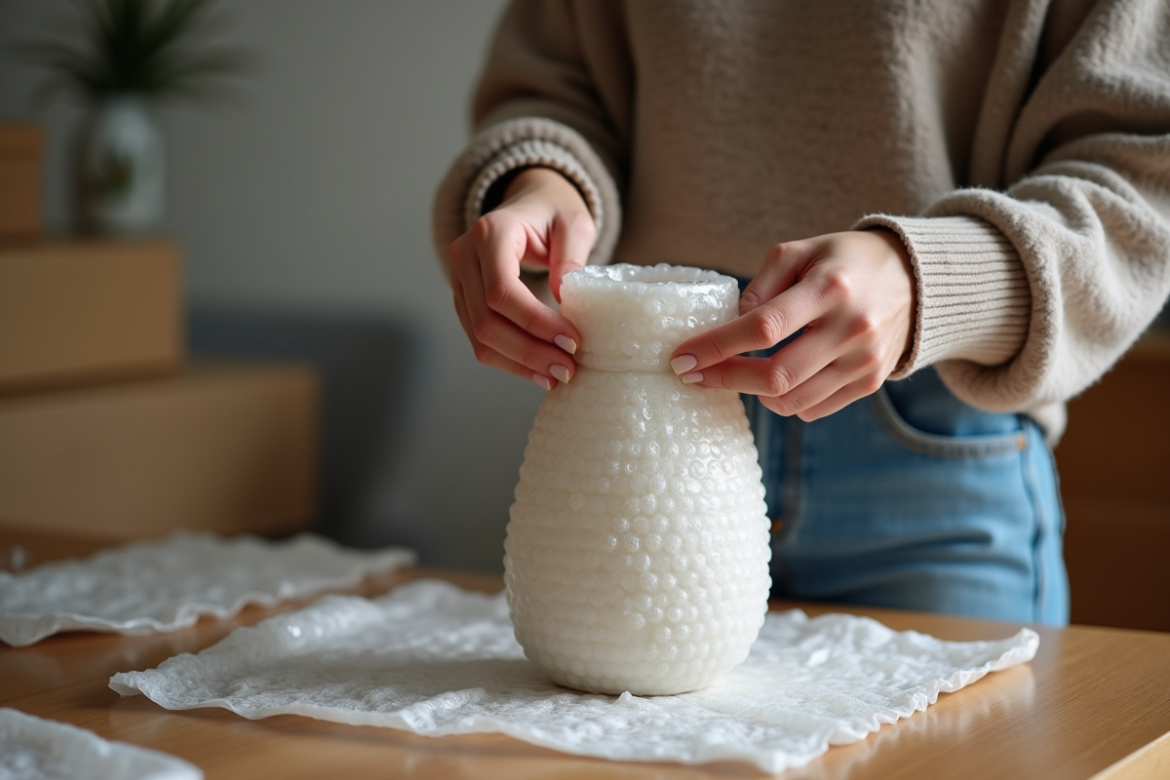 Femme enveloppant un vase en céramique dans un emballage doux