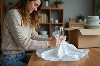 Femme emballant un verre en cristal dans un appartement moderne