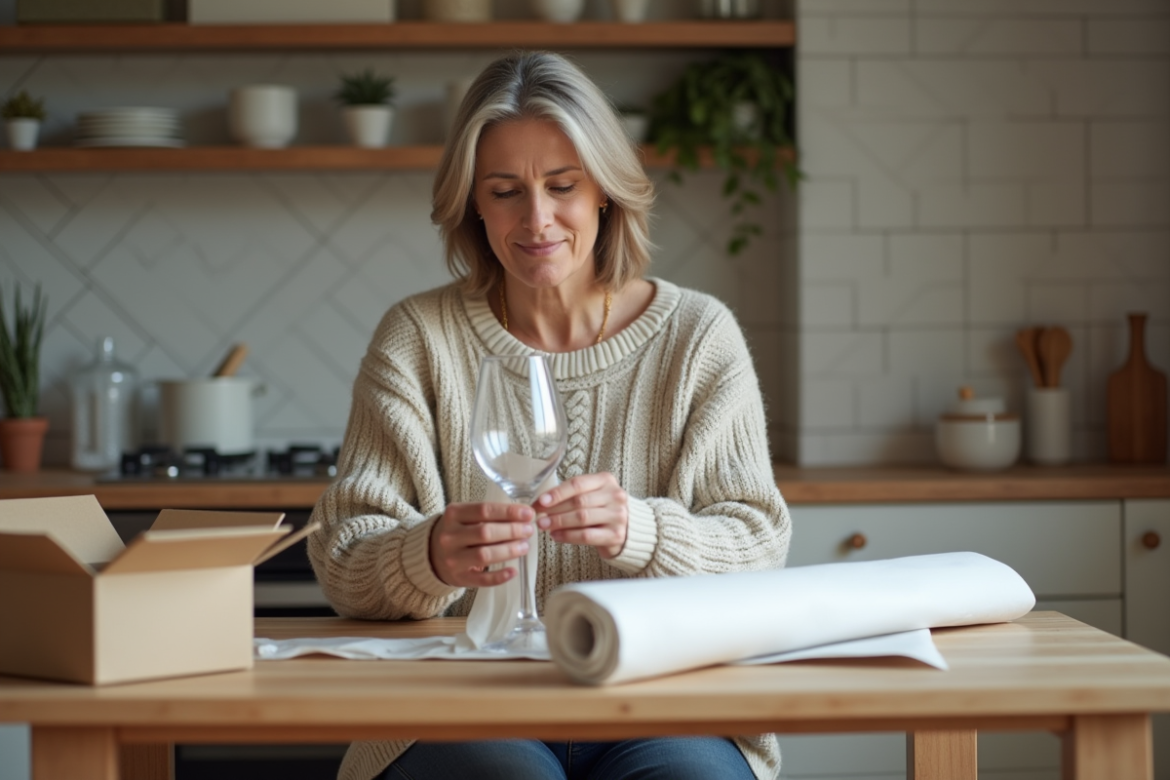 Femme emballant un verre de vin dans une cuisine chaleureuse