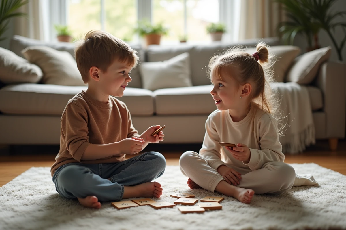 Deux enfants jouant à un jeu de mémoire sur le tapis du salon