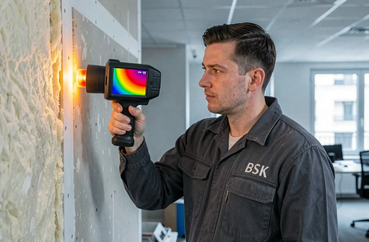Expert de l'Entreprise BSK effectuant un contrôle thermographique d'un mur isolé dans un bureau parisien